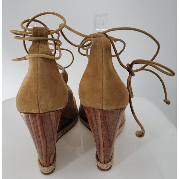 Tory Burch Raya Suede Lace Up Wedge Heels Womens Tan Brown Open Toe Sandals - Picture 3 of 10